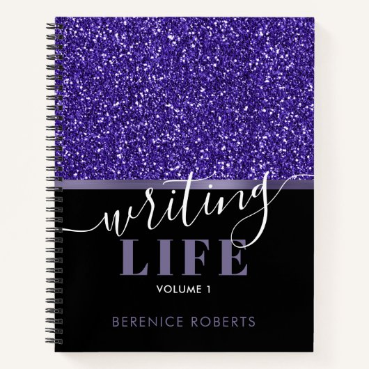 インディゴブルーブラックグリッターパーソナライズされた作家 ノートブック (正面)