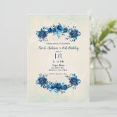 インディゴブルーベージュウォーターカラーフラワーズ誕生日 招待状 (スタンド正面)