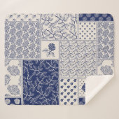 インディゴブルーベージュフローラパッチワーク シェルパブランケット (正面(横))