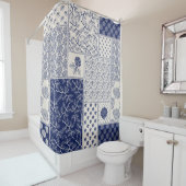 インディゴブルーベージュフローラパッチワーク シャワーカーテン (インサイチュ)