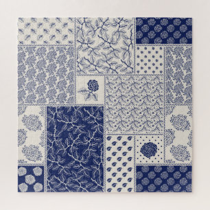 インディゴブルーベージュフローラパッチワーク ジグソーパズル