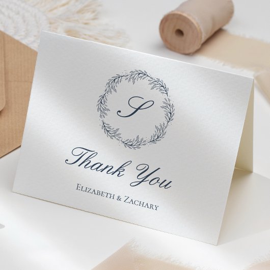インディゴブルーモノグラム結婚リースサンキュー カード