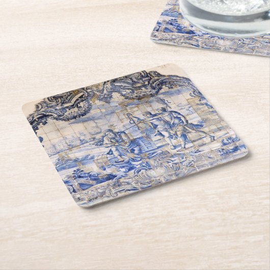 インディゴブルーヴィンテージアズレジョアンティークシャビーシック スクエアペーパーコースター (アングル)