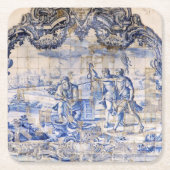 インディゴブルーヴィンテージアズレジョアンティークシャビーシック スクエアペーパーコースター (正面)