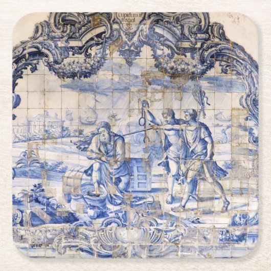 インディゴブルーヴィンテージアズレジョアンティークシャビーシック スクエアペーパーコースター (正面)