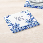 インディゴブルー中国のフローラアートブライダルシャワーデコール スクエアペーパーコースター (アングル)