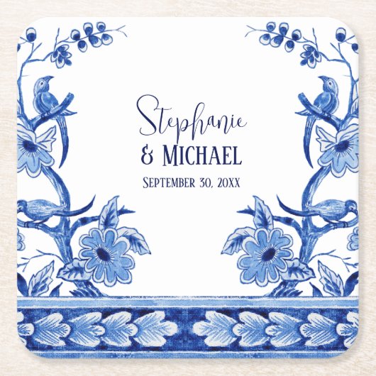 インディゴブルー中国のフローラアートブライダルシャワーデコール スクエアペーパーコースター (正面)