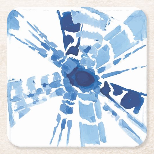 インディゴブルー絞り日が差すこと水彩プリント スクエアペーパーコースター (正面)