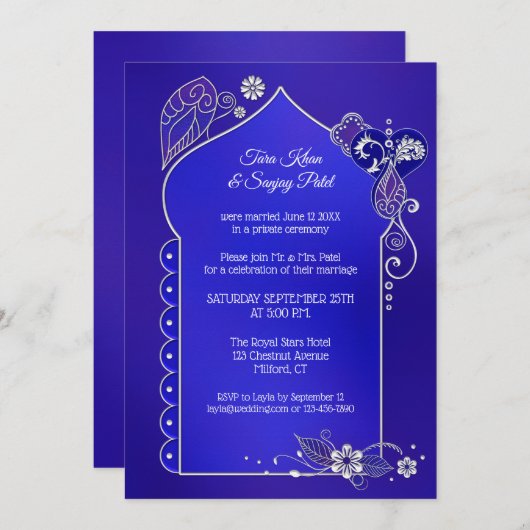 インディゴブルー シルバー ヘンナ 結婚式後 招待状 (正面/裏面)