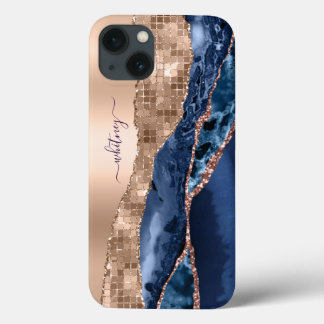 インディゴモダンブルーアゲート金ゴールドグリッタースパークルシック iPhone 13ケース