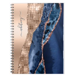 インディゴモダンブルーアゲート&バラ金ゴールド紙吹雪リーフ ノートブック