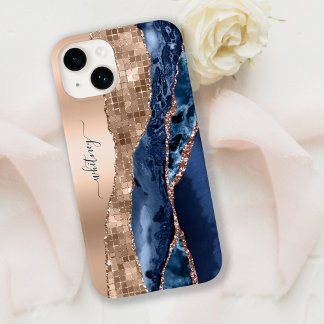 インディゴモダンブルーアゲート&バラ金ゴールド紙吹雪リーフ Case-Mate iPhone 14ケース