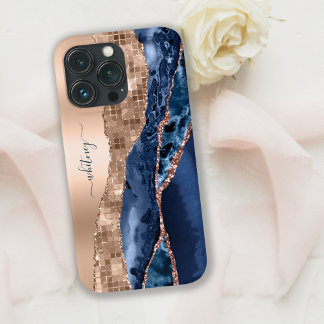 インディゴモダンブルーアゲート&バラ金ゴールド紙吹雪リーフ iPhone 13 PROケース
