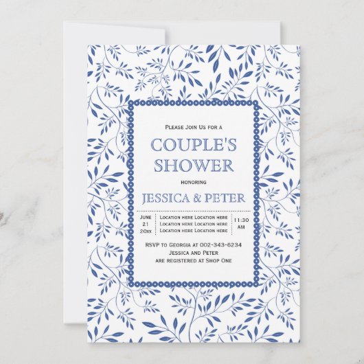 インディゴモダンー葉ブルの結婚カップルのシャワー 招待状 (正面)