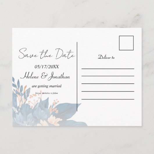 インディゴモダン錆フローラ結婚式の日付を保存 案内ポストカード (裏面)