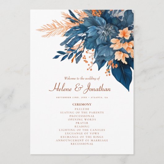 インディゴラストモダンフローラボホエレガントな結婚式 プログラム (正面)