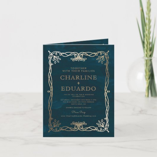 インディゴ中世金ゴールドアイビー結婚式招待状 招待状 (正面)