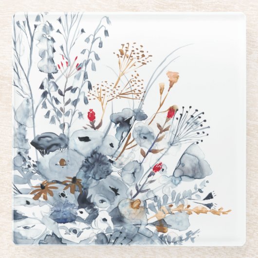 インディゴ及び黄土-水彩画の花 ガラスコースター (正面)