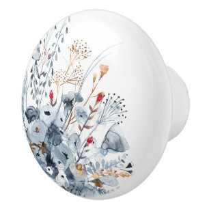 インディゴ及び黄土-水彩画の花 セラミックノブ