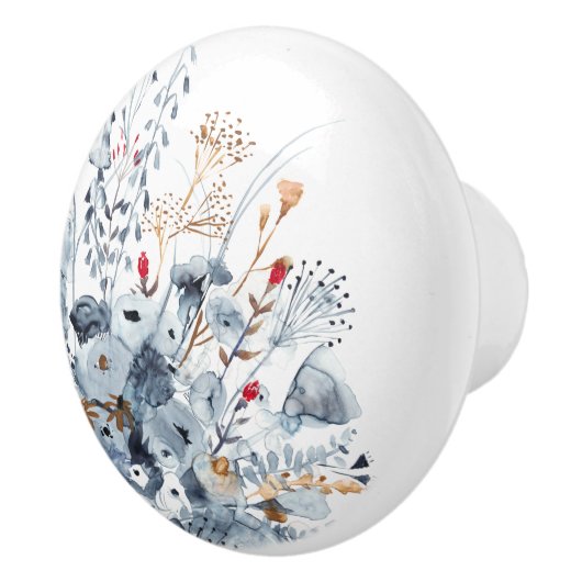 インディゴ及び黄土-水彩画の花 セラミックノブ (右)