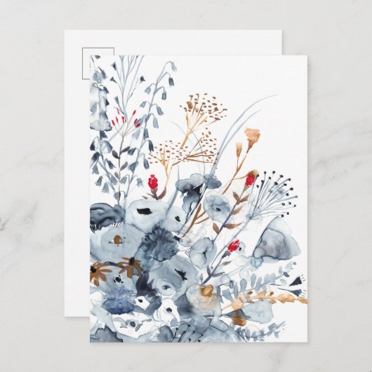 インディゴ及び黄土-水彩画の花 ポストカード (正面/裏面)