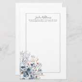 インディゴ及び黄土-水彩画の花 便箋 (正面/裏面)