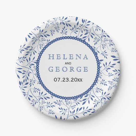 インディゴ葉ブルブルーモダンフローラ結婚の ペーパープレート (正面)