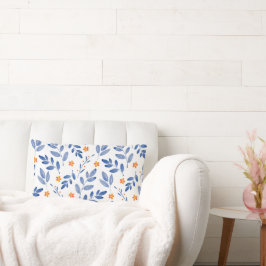 インディゴ&オレンジ水彩植物模様 ランバークッション