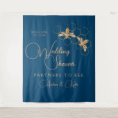 インディゴ&ハニカムビーウェディングシャワーウェルカムサイン タペストリー (正面)