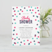 インディゴ ピンク ティール色の紙吹雪 ベビーシャワー 招待状 (スタンド正面)