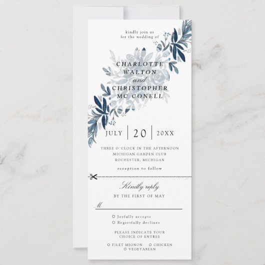 インディゴ フラワー ウェディング 招待状 RSVP 付 (正面)