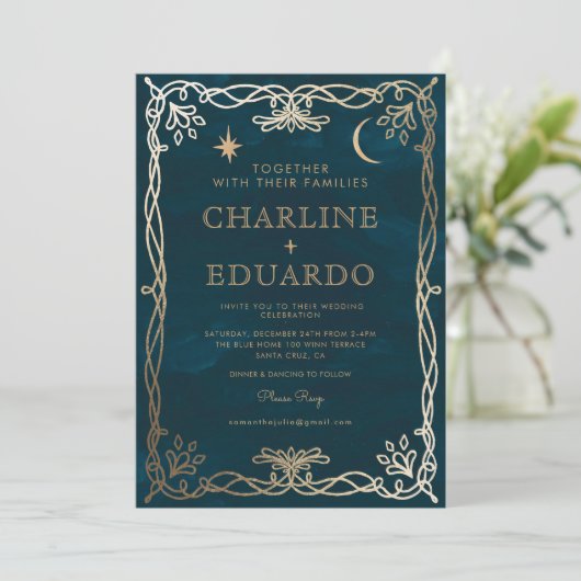 インディゴ・メディーバルゴールド・アイビー・ウェディング・インビテーション 招待状 (スタンド正面)