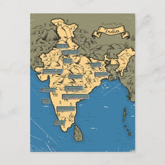 インドのイラスト入りの地図 案内ポストカード (正面)