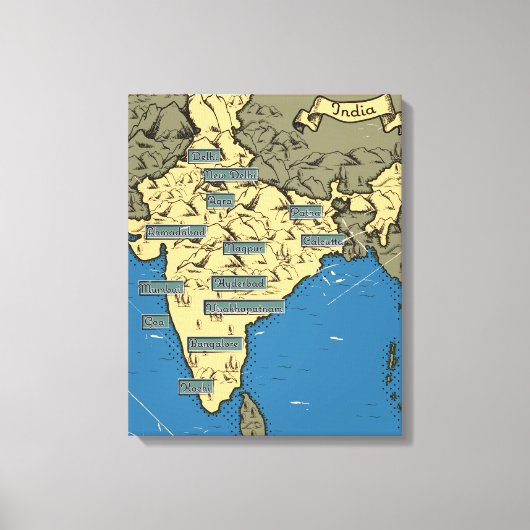 インドのイラスト旅行地図 キャンバスプリント (正面)