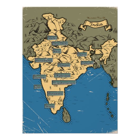 インドのイラスト旅行地図 ポスター (正面)
