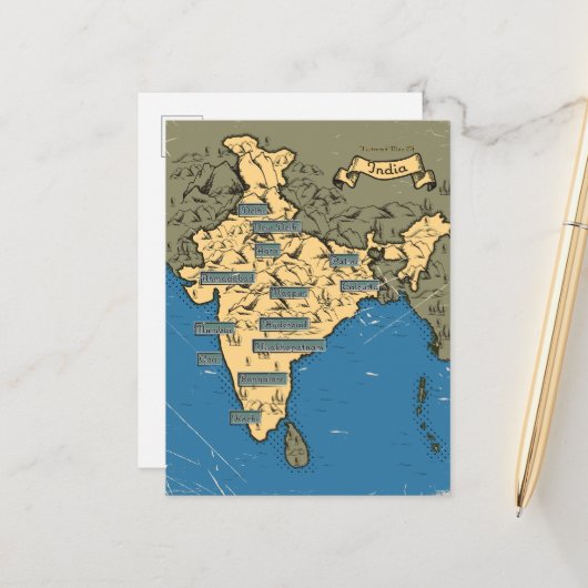インドのイラスト旅行地図 案内ポストカード (正面/裏面インサイチュ)
