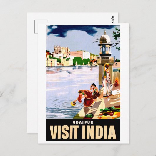 インドのウダイプール。湖のそばの女性。ヴィンテージ旅行 ポストカード (正面/裏面)