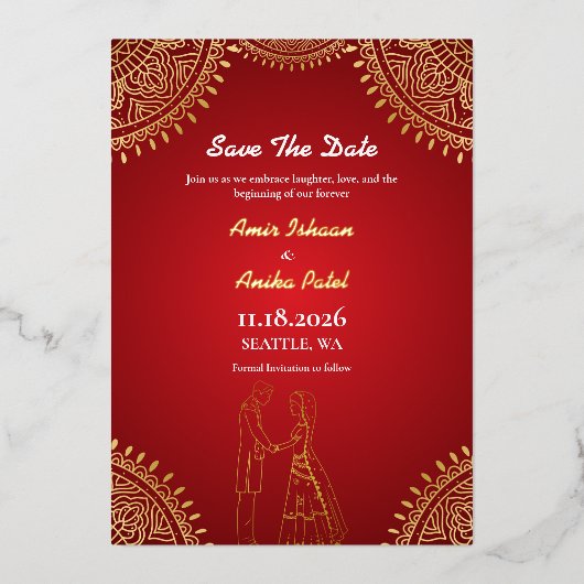 インドのカップルの結婚式 レッドゴールドのSave The Date 箔招待状 (正面)