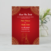 インドのカップルの結婚式 レッドゴールドのSave The Date 箔招待状 (立ち正面)