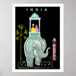 インドのカップルは青い象に乗っ絵画て、 ポスター