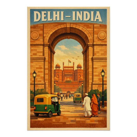 インドのデリーをクラシックなレトロ旅行ポスター風に ポスター (正面)