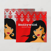 インドのパーティー招待 赤いシルバーのビンディ 招待状 (正面/裏面)