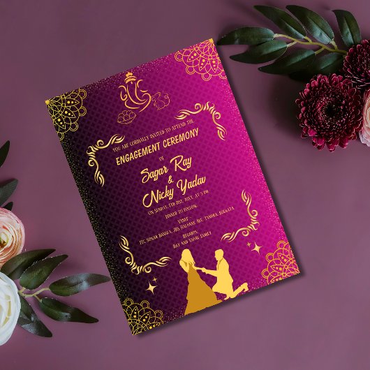 インドのヒンズー教の婚約式 ピンクとゴールド 招待状