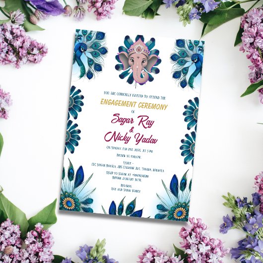 インドのヒンズー教の婚約式 ペアックの羽 招待状