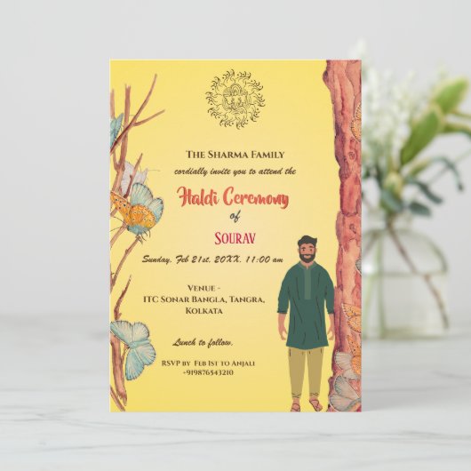 インドのヒンズー教の花婿のハルディセレモニー バタフライ 招待状 (スタンド正面)
