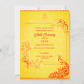 インドのヒンズー教の花婿のハルディセレモニー ピンクの孔雀をテーマに 招待状 (正面)