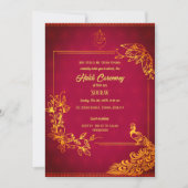 インドのヒンズー教の花婿のハルディ式 ピンクの孔雀をテーマにした 招待状 (正面)