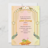 インドのヒンズー教の花婿ハルディセレモニーピーコック 招待状 (正面)