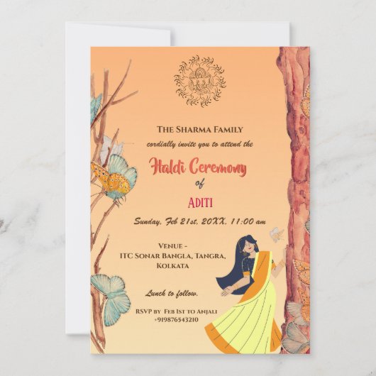 インドのヒンズー教の花嫁ハルディセレモニーバタフライ 招待状 (正面)
