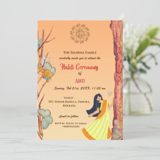 インドのヒンズー教の花嫁ハルディセレモニーバタフライ 招待状 (スタンド正面)